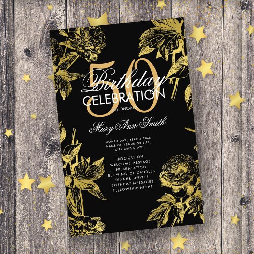 Glam Floral 50th Birthday Program Gold Black Menu Flyer