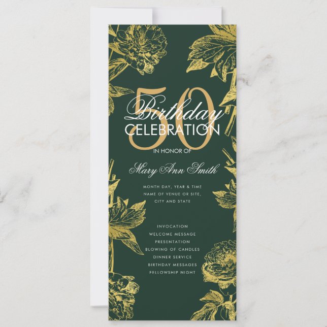 Glam Floral 50th Birthday Program Gold Green Menu (Front)
