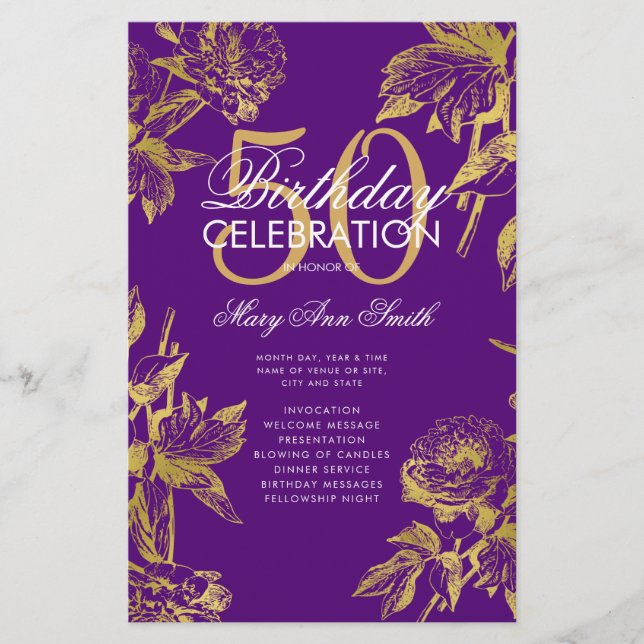 Glam Floral 50th Birthday Program Gold Purple Menu Flyer (Front)