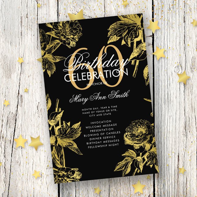 Glam Floral 60th Birthday Program Gold Black Menu (Creator Uploaded)