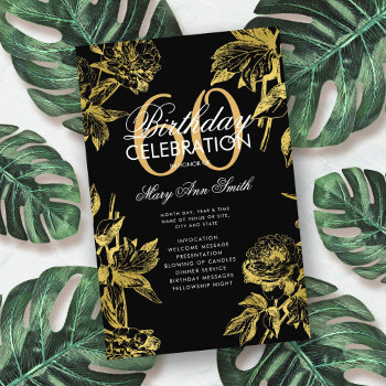 Glam Floral 60th Birthday Program Gold Black Menu Flyer by Rewards4life at Zazzle