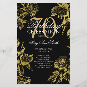 Glam Floral 70th Birthday Program Gold Black Menu Flyer