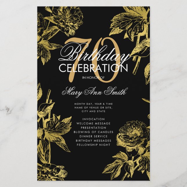 Glam Floral 70th Birthday Program Gold Black Menu Flyer (Front)