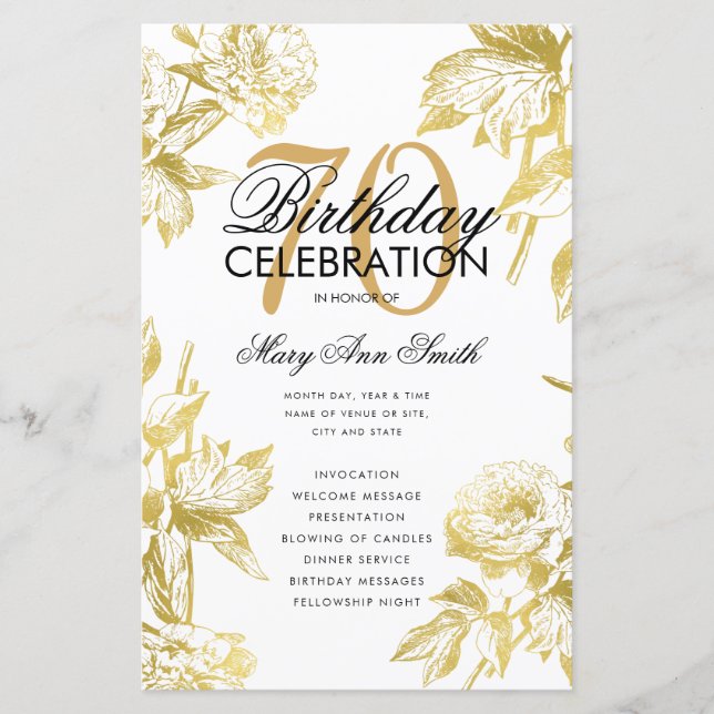 Glam Floral 70th Birthday Program Gold Menu (Front)
