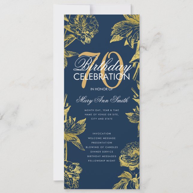 Glam Floral 70th Birthday Program Gold Navy Menu (Front)