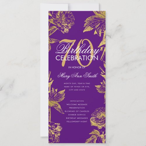 Glam Floral 70th Birthday Program Gold Purple Menu