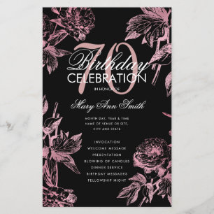 Glam Floral 70th Birthday Program Rose Gold Black