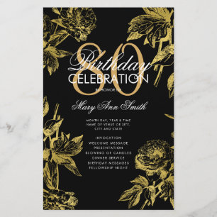 Glam Floral 80th Birthday Program Gold Black Menu Flyer