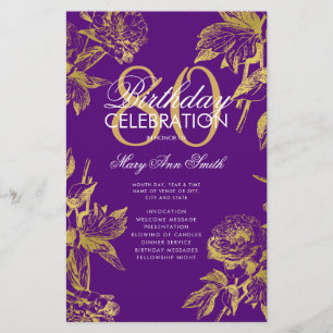 Glam Floral 80th Birthday Program Gold Purple Menu Flyer
