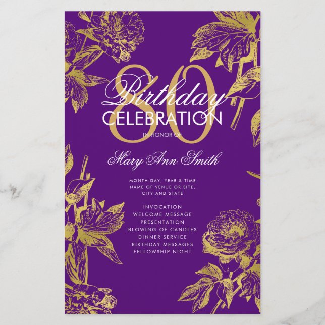 Glam Floral 80th Birthday Program Gold Purple Menu Flyer (Front)