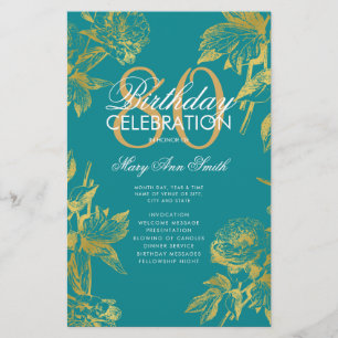 Glam Floral 80th Birthday Program Gold Teal Menu Flyer