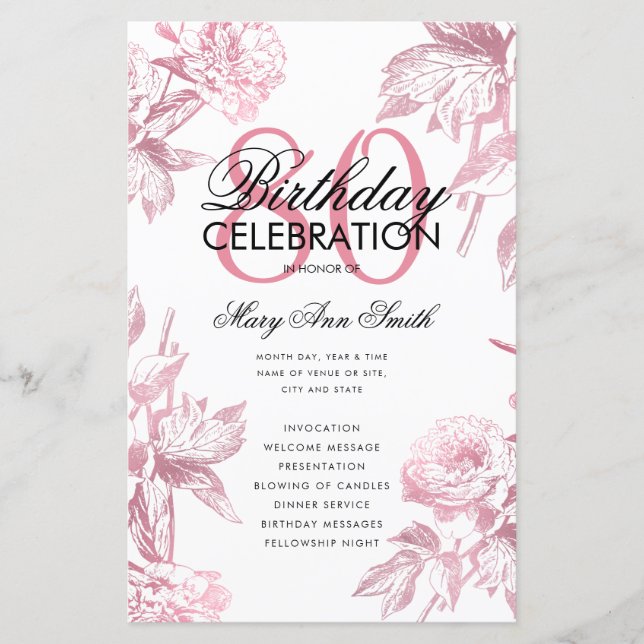 Glam Floral 80th Birthday Program Rose Gold Menu (Front)