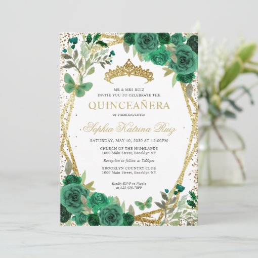 Glam Floral Emerald Green Gold QR Code Quinceañera Invitation Zazzle