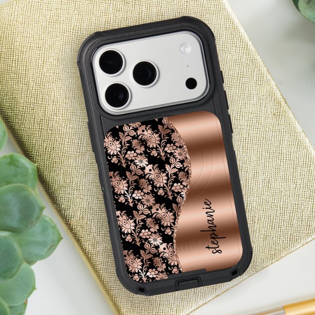 Glam Floral Pattern Rose Gold Black Name Otterbox iPhone Case (Creator Uploaded)