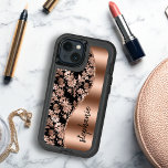 Glam Floral Pattern Rose Gold Black iPhone 13 Case<br><div class="desc">This design features a chic rose gold metallic floral pattern on a black background on the left, and a rose gold faux foil image on the right in the shape of a wave bordered with rose gold faux glitter. Personalize it with your name or monogram in a stylish black handwritten...</div>