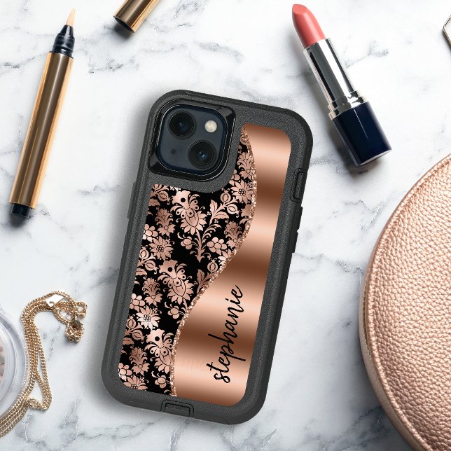 Glam Floral Pattern Rose Gold Black Otterbox iPhone Case (Creator Uploaded)