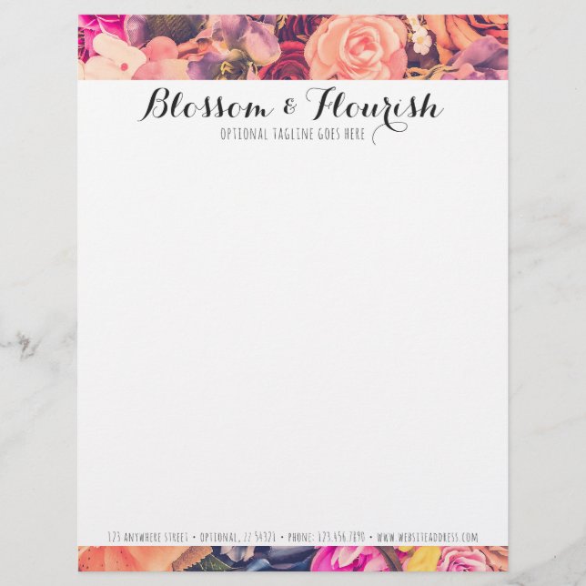 Glam Floral Roses Trendy Modern Florist & Boutique Letterhead (Front)