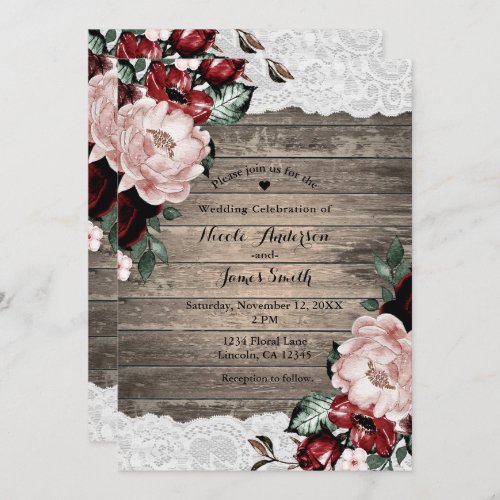 Glam Floral Rustic Wood Lace Barn Country Wedding Invitation