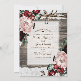 Glam Floral Rustic Wood & Lace Barn Wedding Invitation