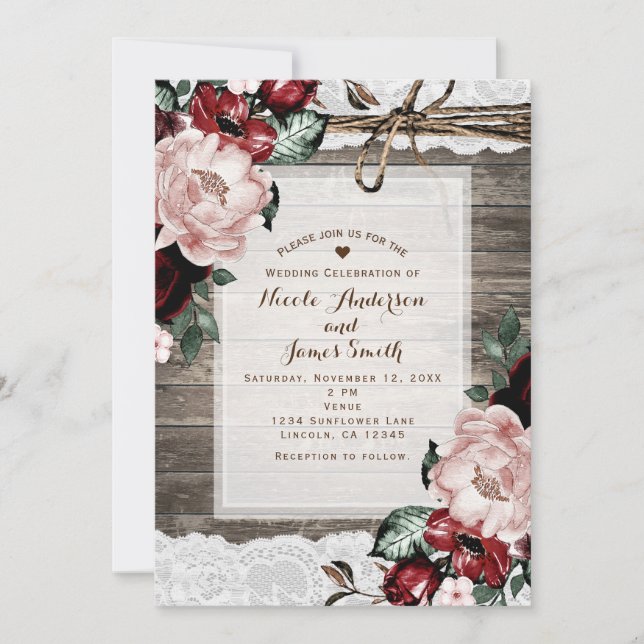 Glam Floral Rustic Wood & Lace Barn Wedding Invitation (Front)