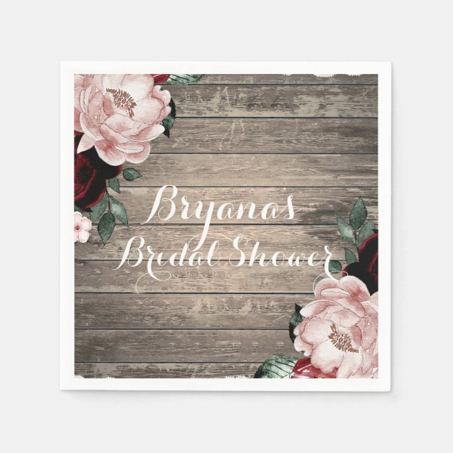 Glam Floral Rustic Wood & Lace Barn Wedding Napkins (Front)