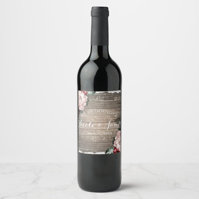 Glam Floral Rustic Wood & Lace Barn Wedding Wine Wine Label (Front)