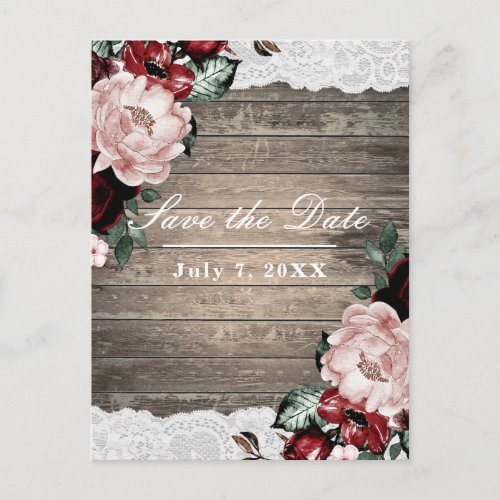 Glam Floral Rustic Wood  Lace Save the Date Announcement Postcard