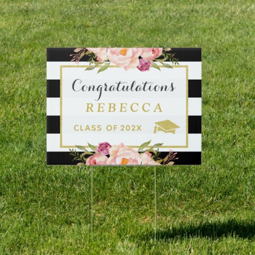 Glam Floral Stripes Congrats Grad Graduation Party Yard Sign