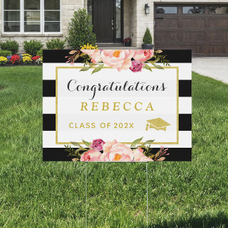 Glam Floral Stripes Congrats Grad Graduation Party Yard Sign