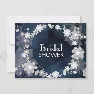 Glam Floral Wreath Navy Blue Winter Bridal Shower Invitation