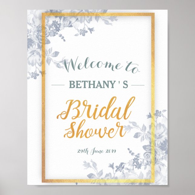 Glam Flowers Gold Frame Bridal Shower Sign (Front)