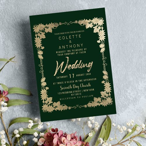 Glam forest green gold floral frame border Wedding Invitation