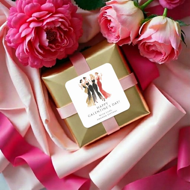 Glam Four Pretty Elegant Ladies Galentine's Day Square Sticker (Glam Four Pretty Elegant Ladies Galentine's Day Square Sticker for Your Best Fiends.)