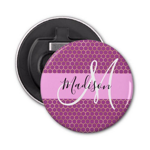 Glam Fuchsia Metallic Pink Honeycomb Monogram Name Bottle Opener