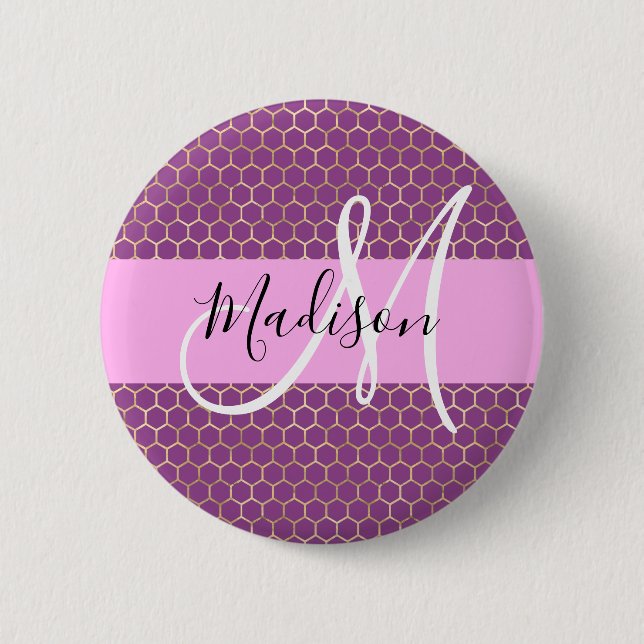 Glam Fuchsia Metallic Pink Honeycomb Monogram Name Button (Front)