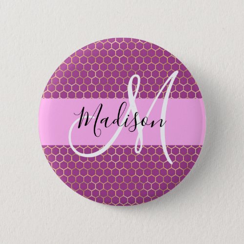 Glam Fuchsia Metallic Pink Honeycomb Monogram Name Button