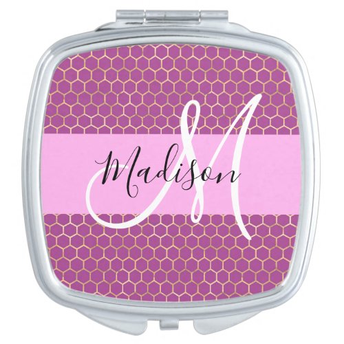 Glam Fuchsia Metallic Pink Honeycomb Monogram Name Compact Mirror