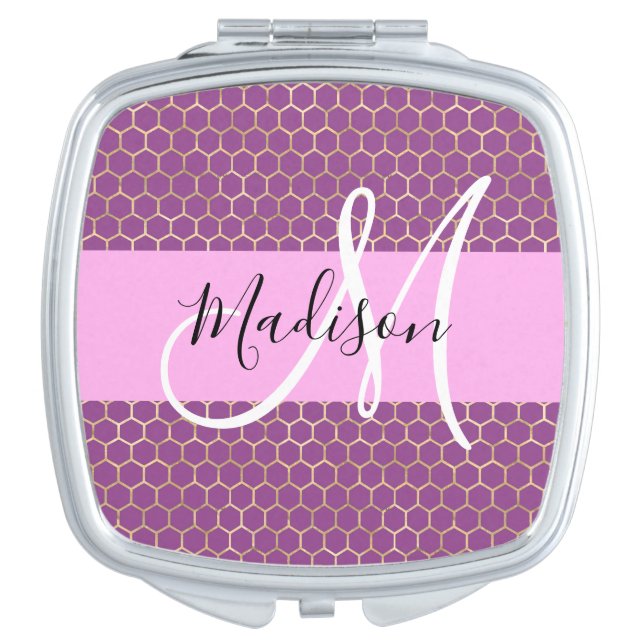 Glam Fuchsia Metallic Pink Honeycomb Monogram Name Compact Mirror (Front)