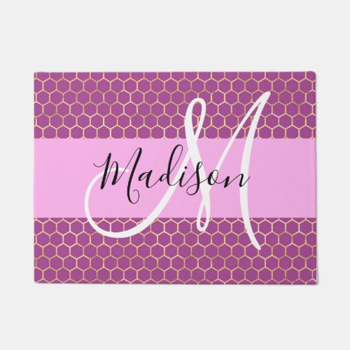 Glam Fuchsia Metallic Pink Honeycomb Monogram Name Doormat