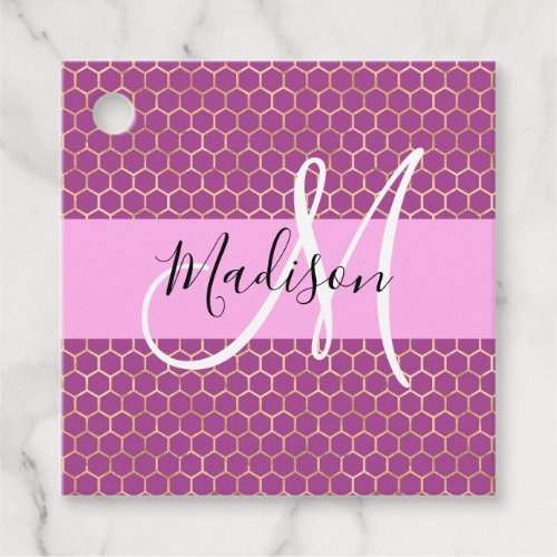 Glam Fuchsia Metallic Pink Honeycomb Monogram Name Favor Tags