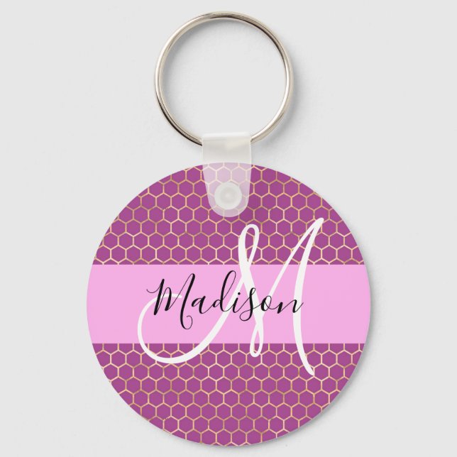 Glam Fuchsia Metallic Pink Honeycomb Monogram Name Keychain (Front)