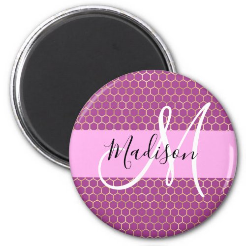 Glam Fuchsia Metallic Pink Honeycomb Monogram Name Magnet