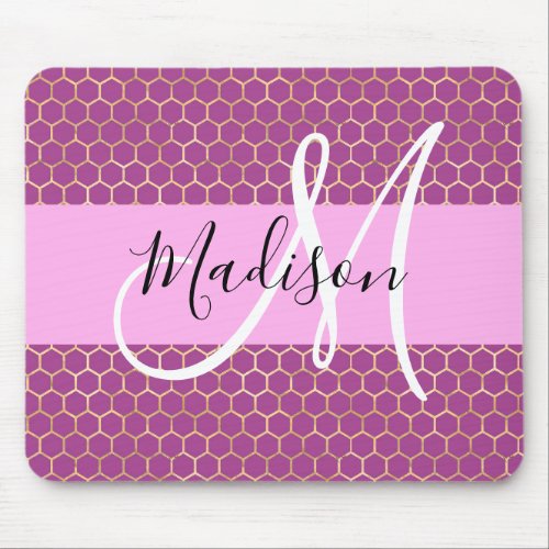 Glam Fuchsia Metallic Pink Honeycomb Monogram Name Mouse Pad