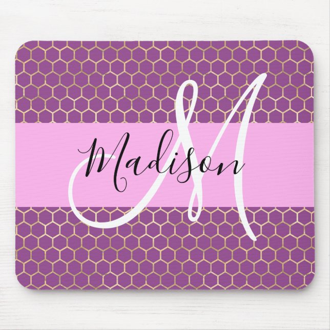 Glam Fuchsia Metallic Pink Honeycomb Monogram Name Mouse Pad (Front)