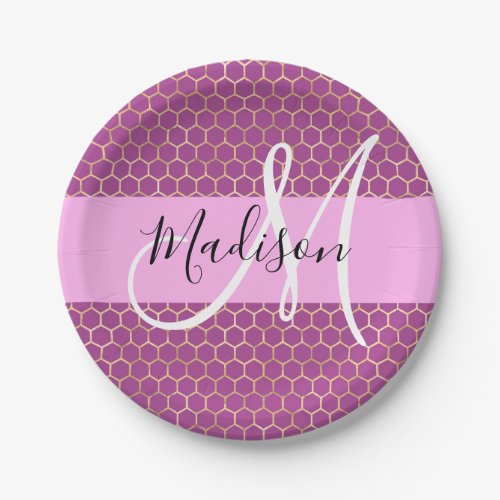 Glam Fuchsia Metallic Pink Honeycomb Monogram Name Paper Plates