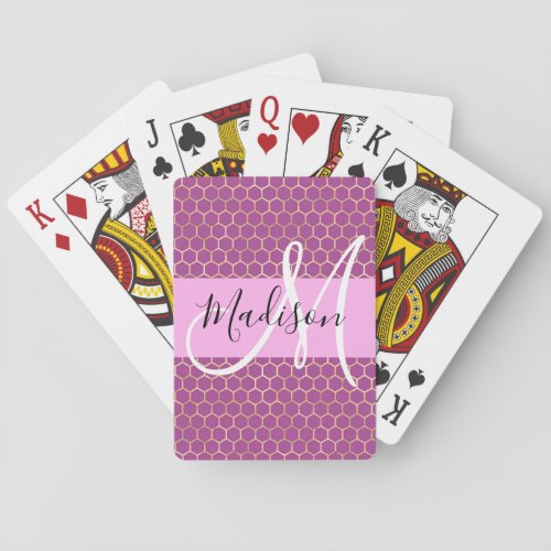 Glam Fuchsia Metallic Pink Honeycomb Monogram Name Poker Cards