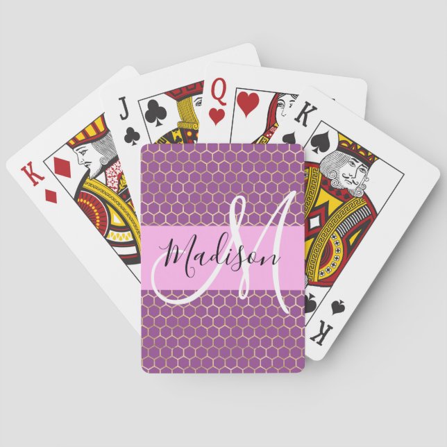 Glam Fuchsia Metallic Pink Honeycomb Monogram Name Poker Cards (Back)