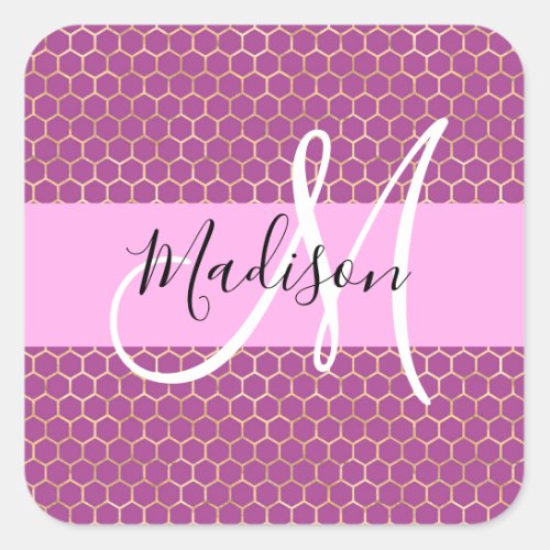 Glam Fuchsia Metallic Pink Honeycomb Monogram Name Square Sticker