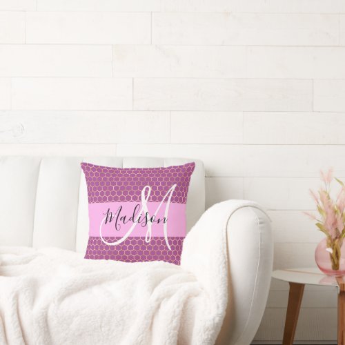 Glam Fuchsia Metallic Pink Honeycomb Monogram Name Throw Pillow