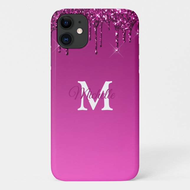 Glam & Fuchsia Ombre Glitter Personalized Monogram Case-Mate iPhone Case (Back)